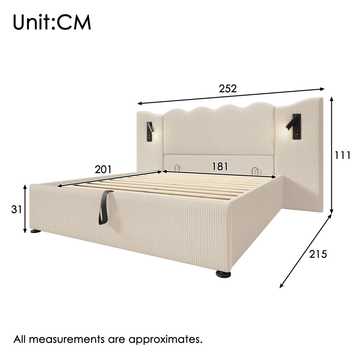 ČALÚNENÁ posteľ 180x200 cm z kordurového materiálu béžovo-biela s LED lampou, USB a úložným priestorom - béžová, textil (180/200cm) - Modfu