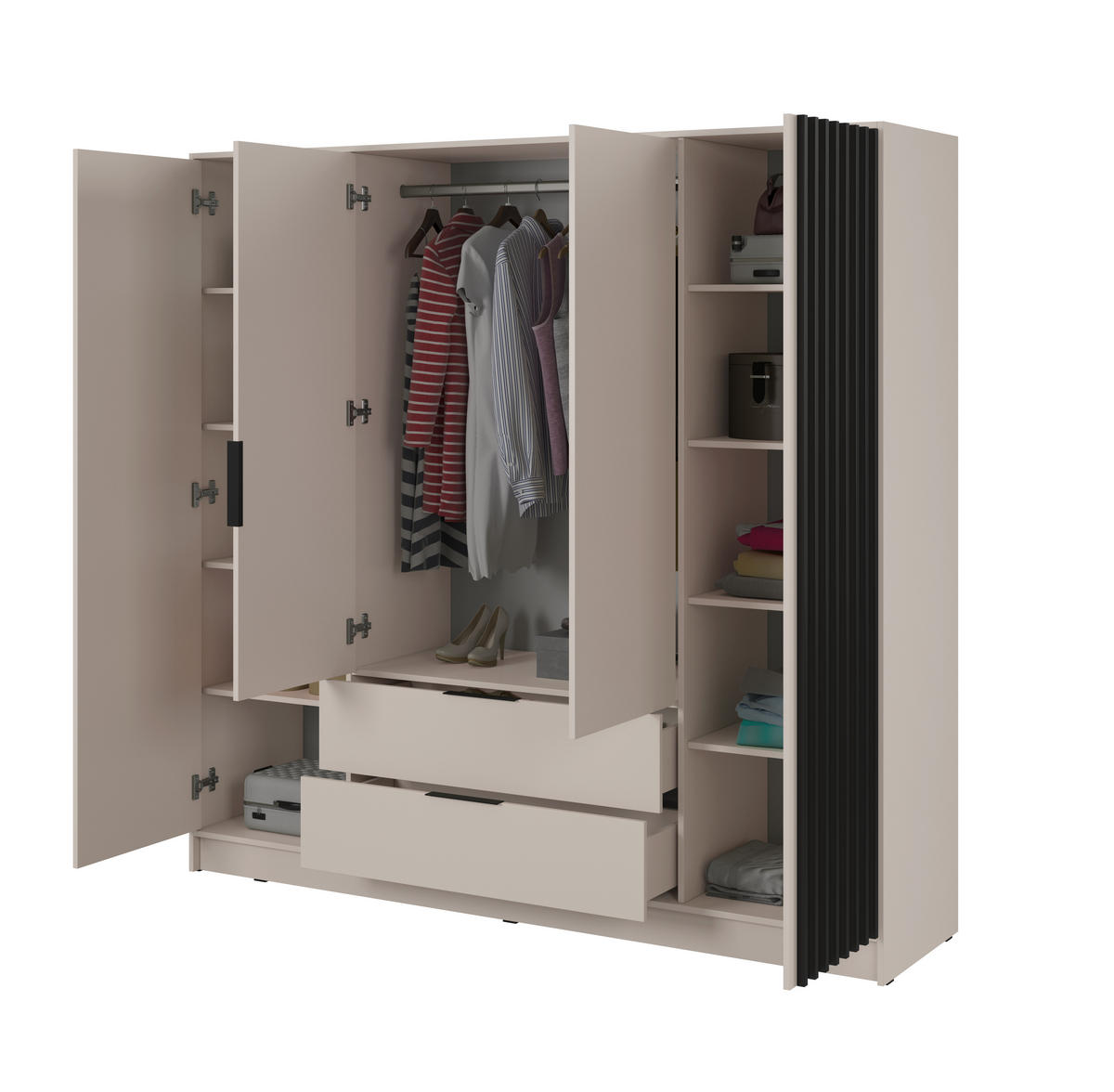 KLEIDERSCHRANK Stilo in Kaschmir, vier Türen, mit Spiegel und Lamellen an der Front - Kaschmir/Schwarz, Holzwerkstoff/Kunststoff (206/200/51cm) - Ravio