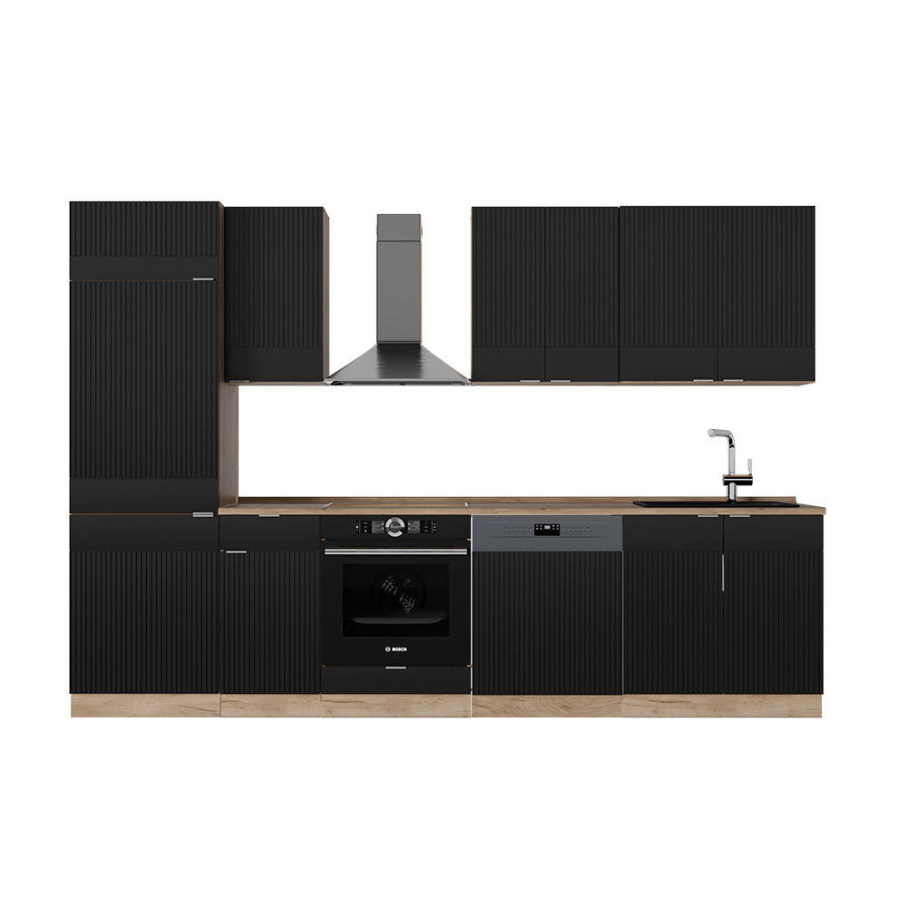 KÜCHENZEILE Fame-Line, Schwarz gestreift/Goldkraft Eiche, 300 cm, AP Eiche - Honigeiche/Schwarz, Holzwerkstoff (300/81.6/60cm) - Vicco