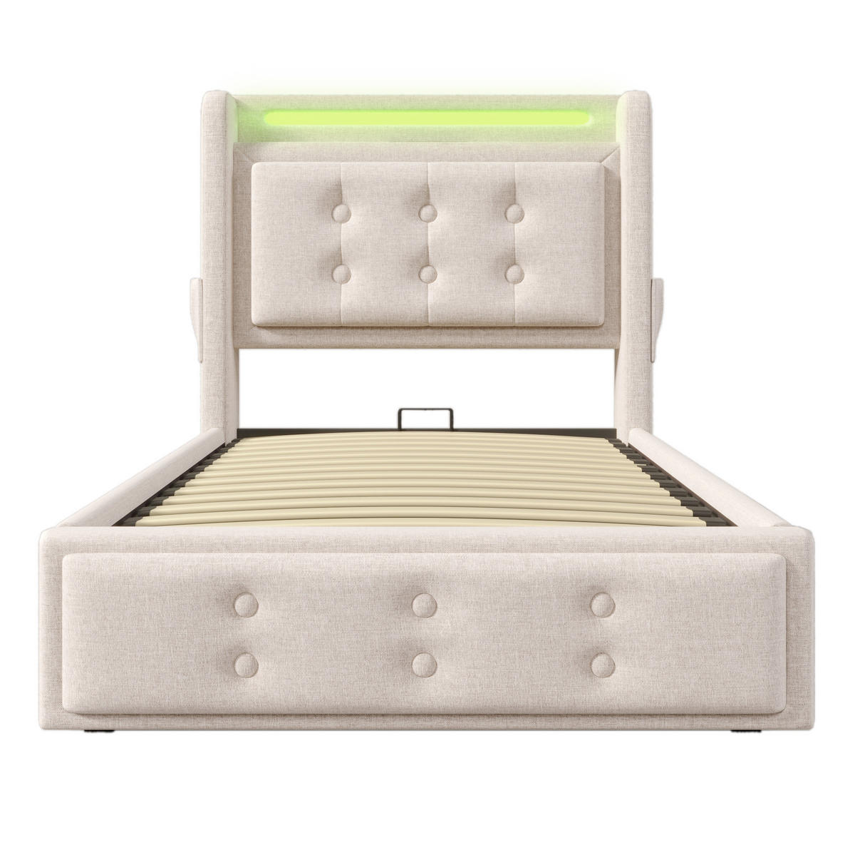 ČALOUNĚNÁ postel 90/200 cm béžová z bavlněného lnu s LED osvětlením a USB-C - béžová, textil (90/200cm) - OKWISH