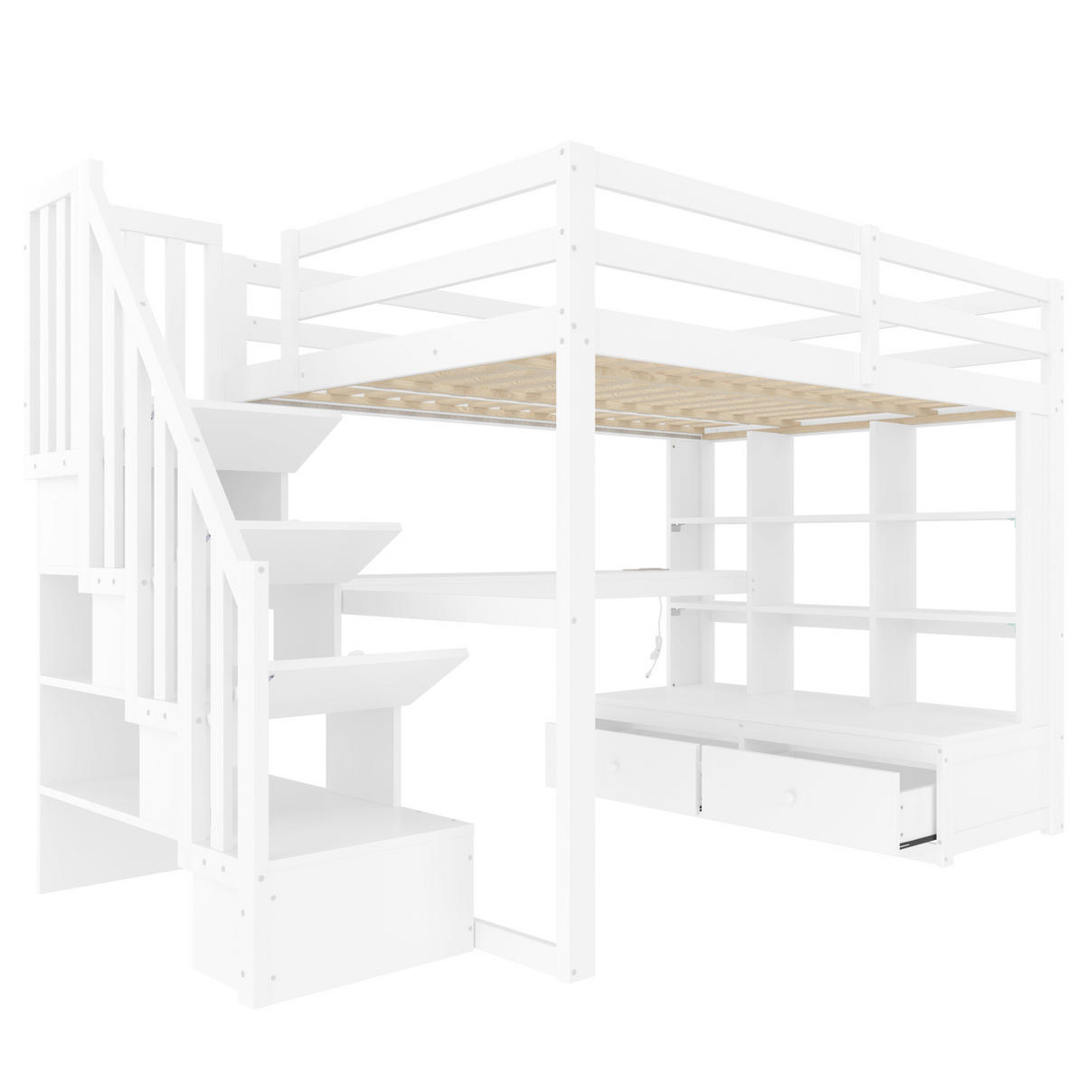 HOCHBETT 140/200 cm mit Schreibtisch, Regalen, Stauraumtreppe, 2 Schubladen und LED-Beleuchtung, Weiß - Weiß, Holzwerkstoff (140/200cm) - Redom
