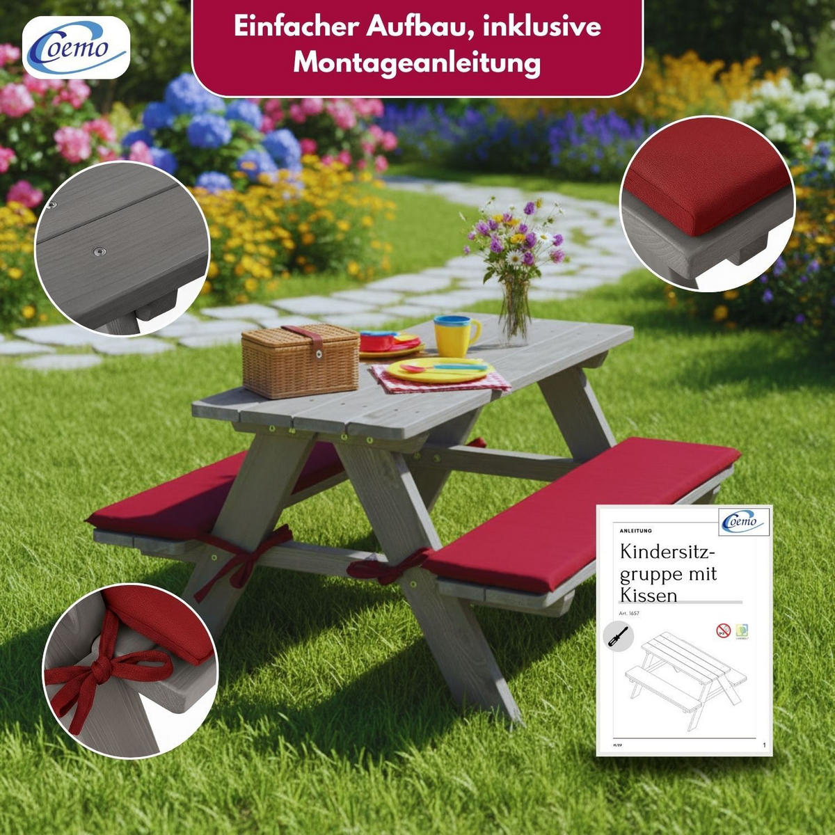 KINDERSITZGRUPPE GARTEN Holz mit Sitzauflagen Farbe Grau 89/79/50 cm - Grau, Holz (79/50/89cm) - Coemo