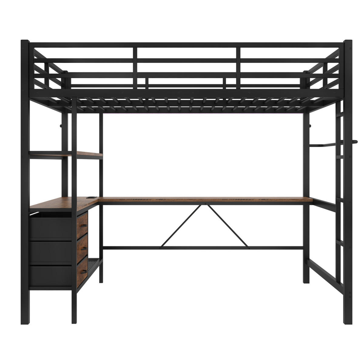 HOCHBETT 140/200 cm mit LED-Beleuchtung, Schreibtisch, Steckdose, USB, 3 Schubladen und Treppe, Schwarz - Schwarz, Metall (140/200cm) - Redom
