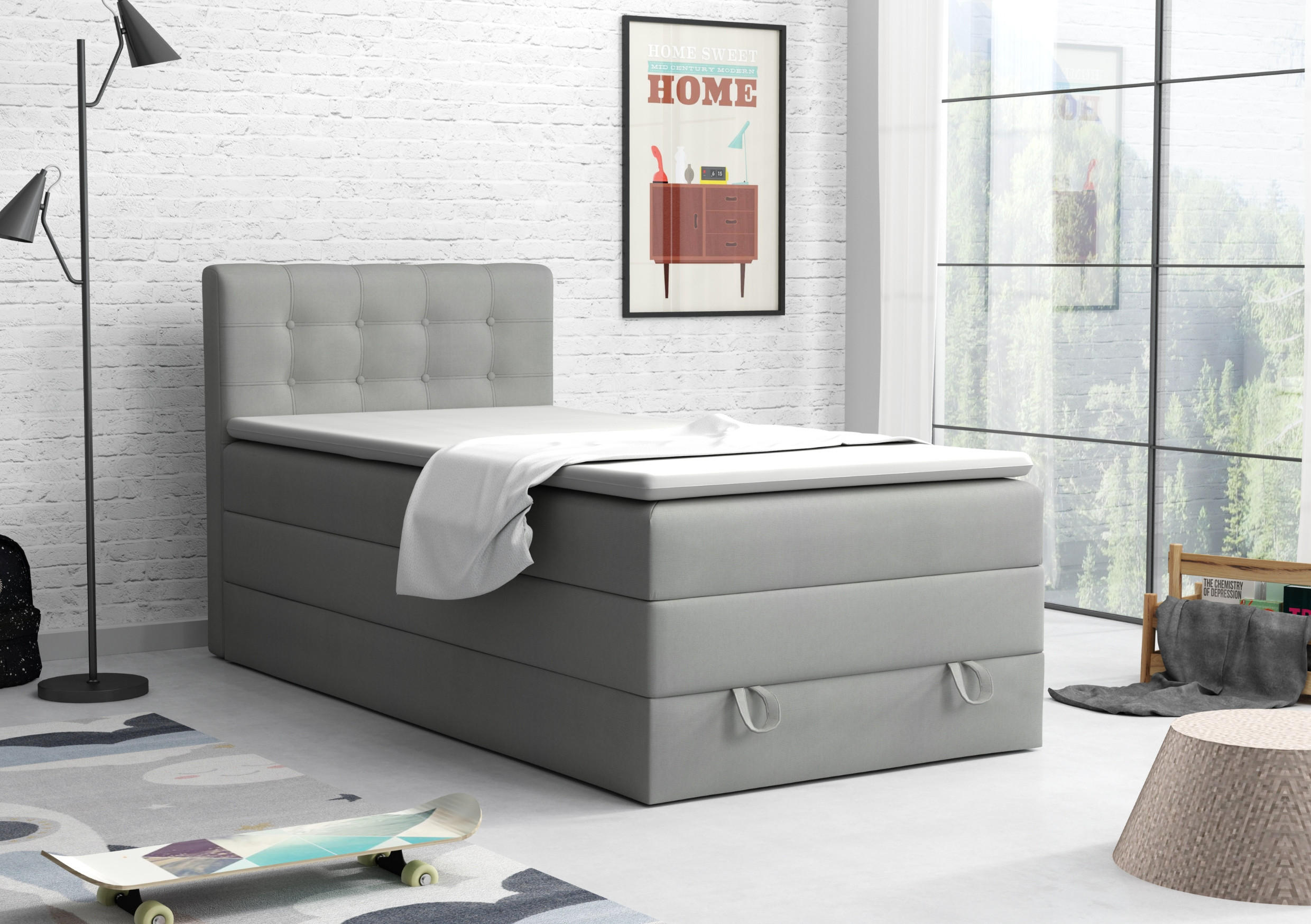 BOXSPRINGBETT JUNG 1 100/200 Velours Hellgrau mit Matratzen H3 + H4 - Hellgrau, Holz/Holzwerkstoff (100/200cm) - Deine Möbel 24