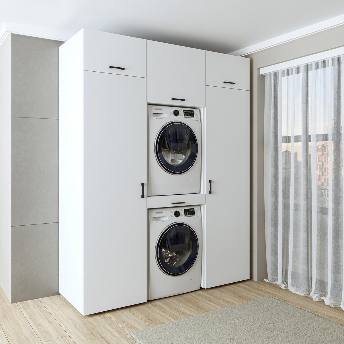 WASCHMASCHINENSCHRANK DUO-I 187cm Breit, 240cm Hoch - Weiß, Holzwerkstoff (187/240/67cm)