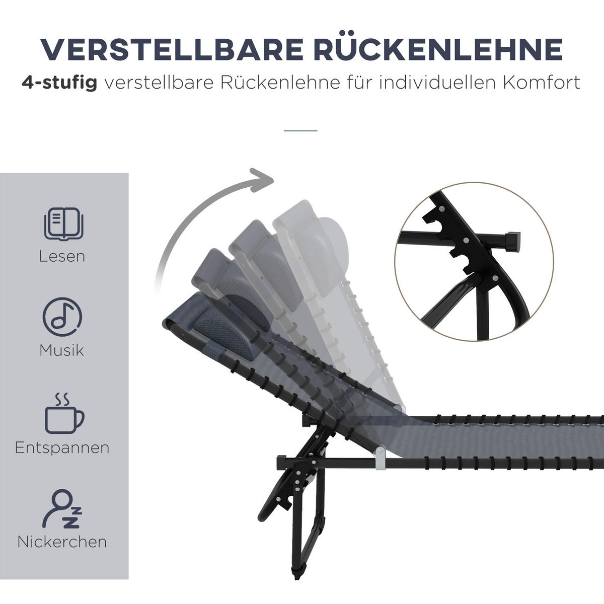 KLAPPBARE Sonnenliege mit 4-fach verstellbarer Rückenlehne, wetterfeste Camping- und Gartenliege bis 120 kg, Grau - Grau, Metall (189/30/58cm)
