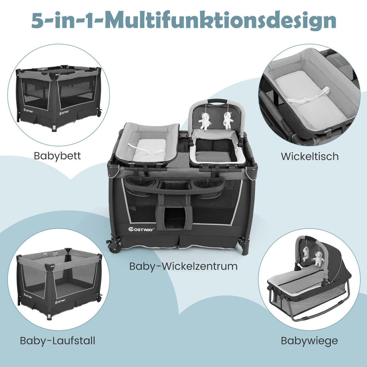 KINDERBETT mit Matratze grau - Grau, Textil - COSTWAY