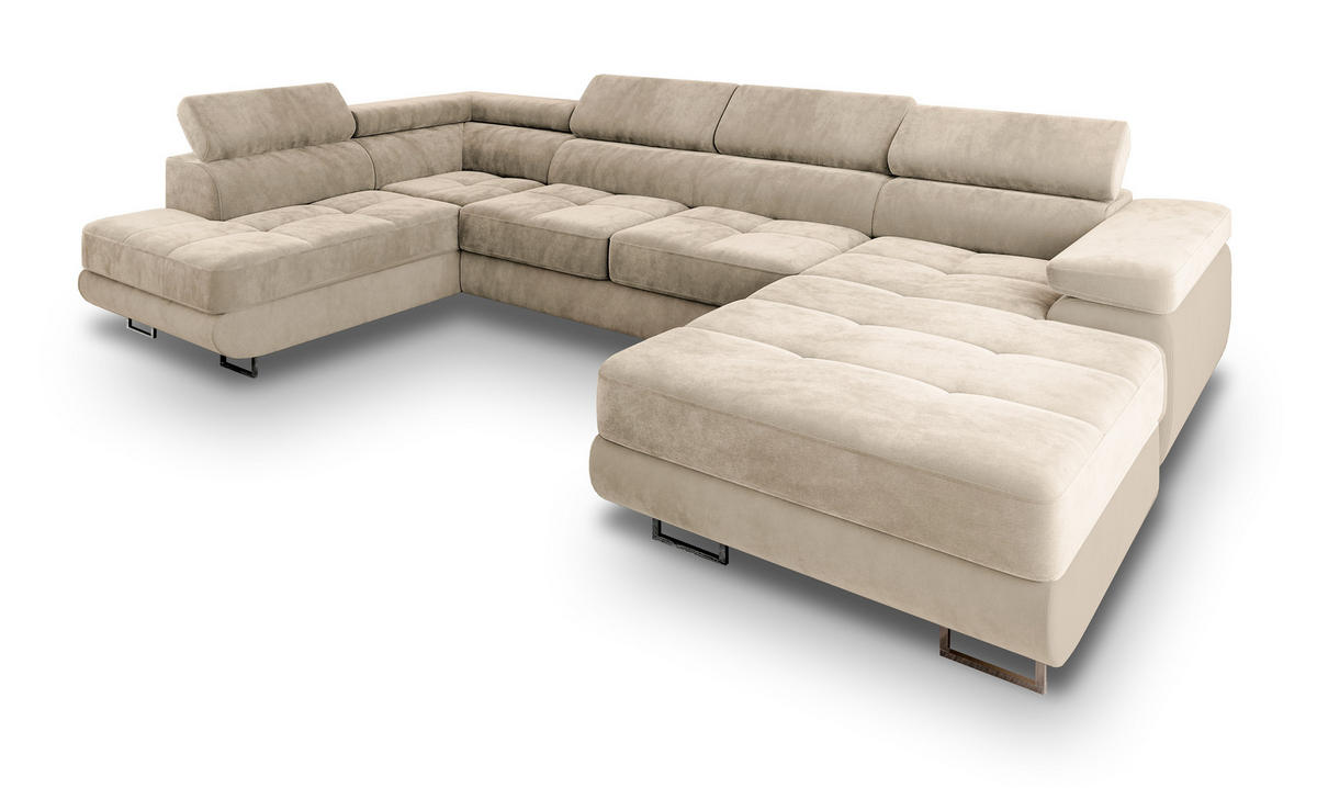 WOHNLANDSCHAFT CASONE L-S Creme Velours-Stoff mit Schlaffunktion - Creme, Holz (345/90/202cm) - MASSENO