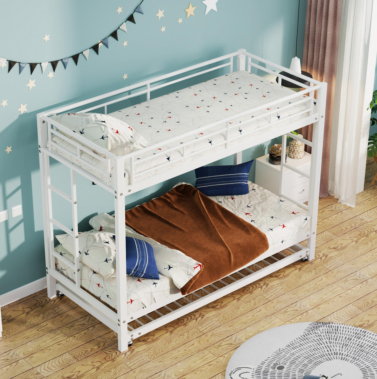 ETAGENBETT 90/200 cm aus Metall mit Ausziehbett und hohem Sicherheitsgeländer - Weiß, Metall (90/200cm) - Flora Grace