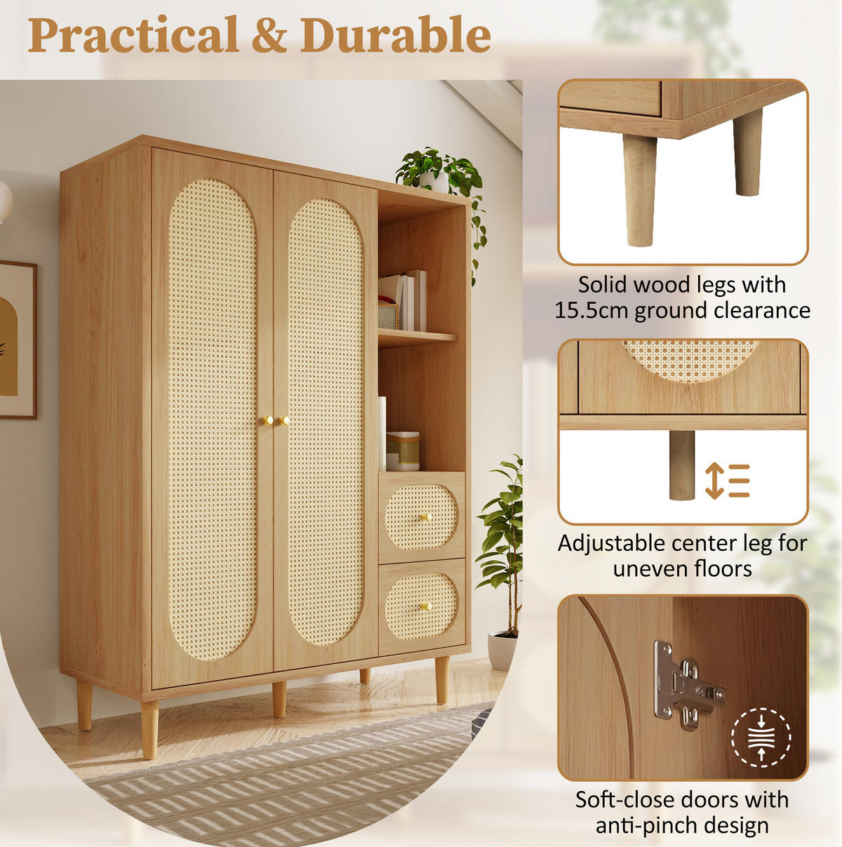 KLEIDERSCHRANK 161/120/44 cm in Eiche mit Rattanfronten und 2 Schubladen - Eichefarben, Holz (120/161/44cm) - BEAOK