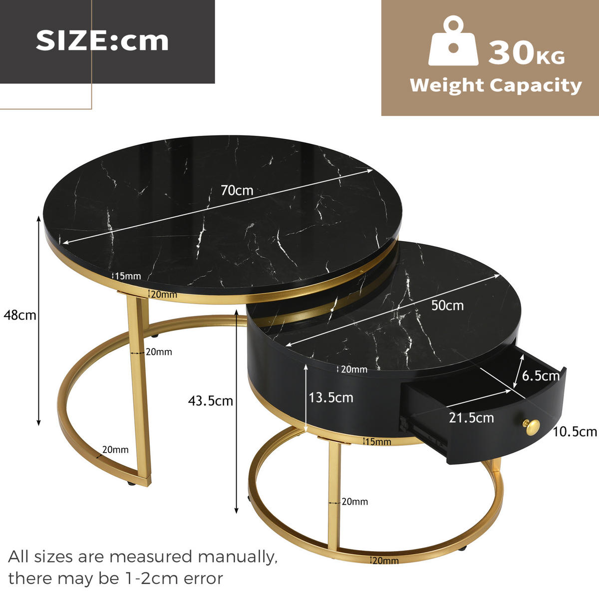 COUCHTISCH-SET 70/70/48 cm Schwarz aus Holzwerkstoff mit Hochglanz-Marmormuster im Nesting-Design - Schwarz, Holzwerkstoff (70/70/48cm) - OKWISH