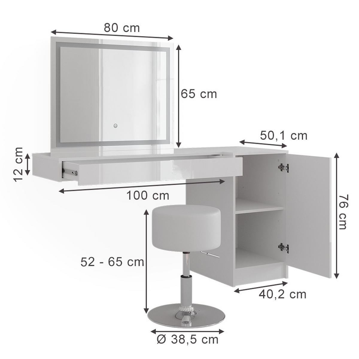 SCHMINKTISCH Sherry Weiß 100 cm 4 Teile - Weiß, Holzwerkstoff (100/12/40.1cm) - Vicco