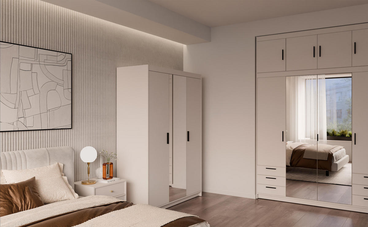 KLEIDERSCHRANK Storicos Beige 133/190,5/53 cm - Modern mit Spiegel 3-türig - Beige, Holzwerkstoff/Kunststoff (133/190.6/53cm) - AX Living