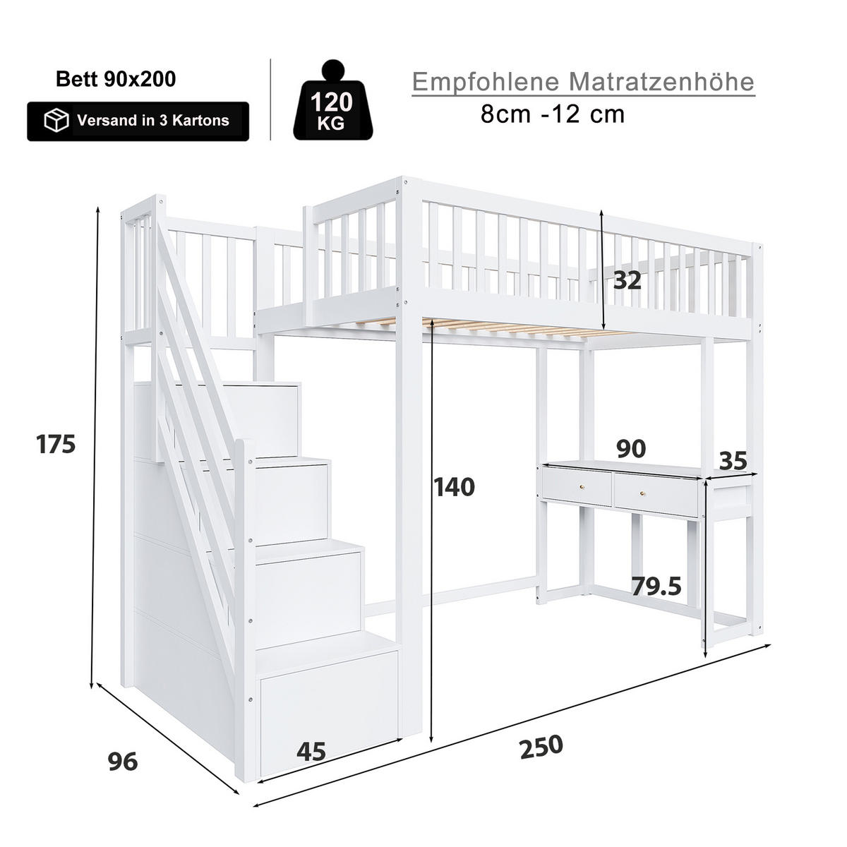 HOCHBETT 90x200 cm Tisch Treppe weiß - Weiß, Holz (90/200cm) - LEBENLANG