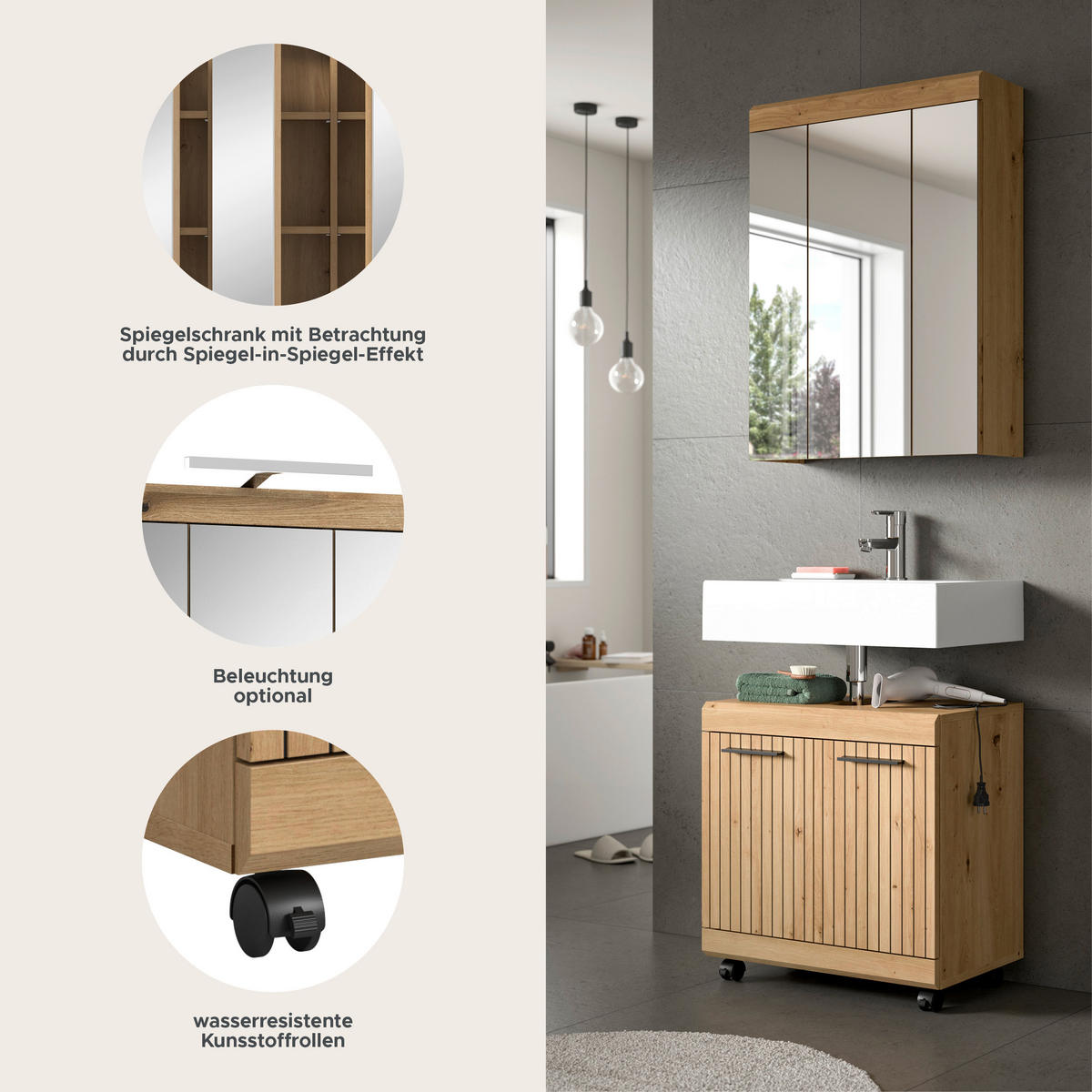 BADEZIMMER Vento 3-tlg. (B/H/T: ca. 60/191/34 cm) in Artisan Eiche /Artisan Eiche - Eiche Artisan, Holzwerkstoff (60/191/34cm)