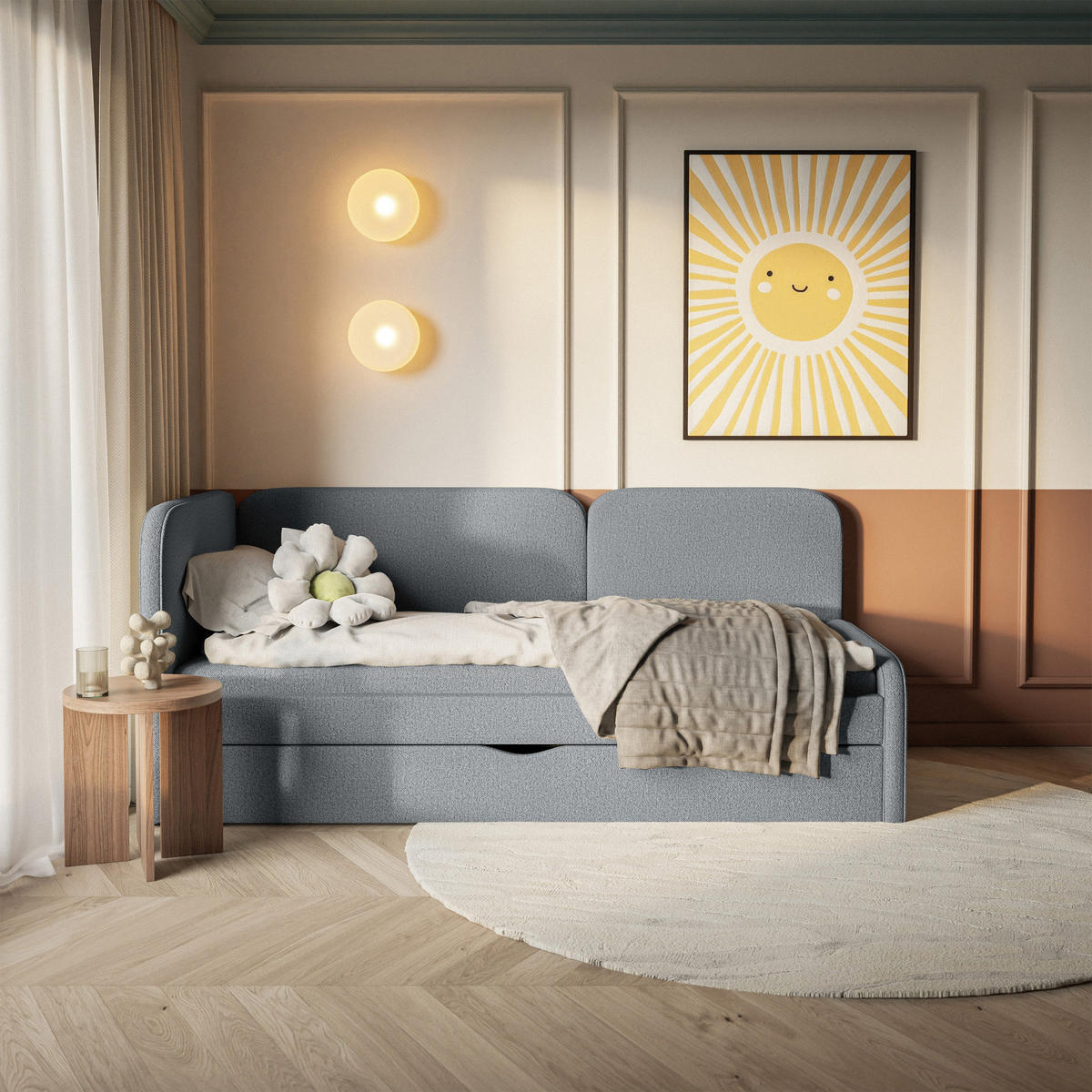 ČALOUNĚNÁ postel Cuddy, čelo vlevo, pletená látka šedá, 90x200 cm - šedá/černá, textil/plast (90/200cm) - Selsey