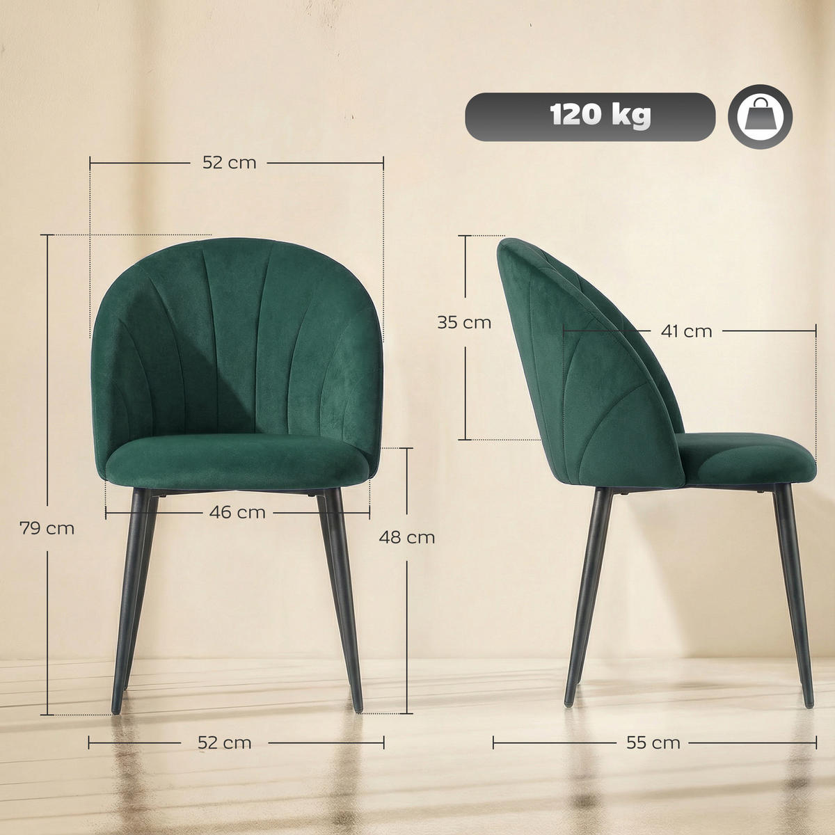 ESSZIMMERSTÜHLE 2ER-SET Dunkelgrün - Dunkelgrün/Schwarz, Textil/Metall (52/79/55cm) - HOMCOM