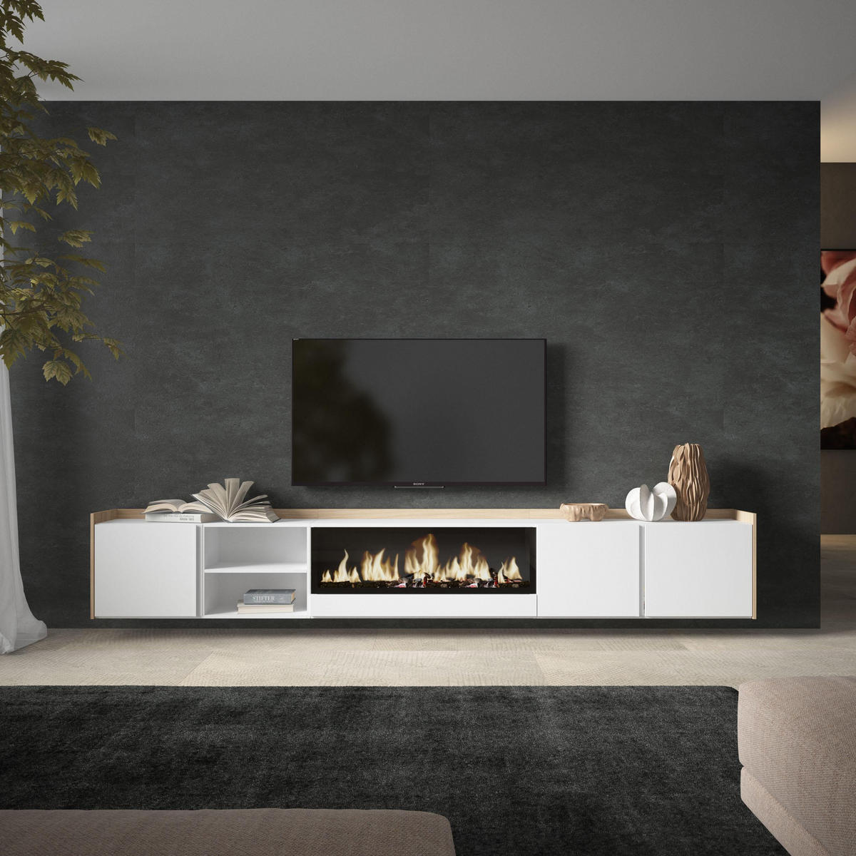 LOWBOARD, Weiß und Eiche, 315/35/50cm, Kamin mit Feuereffekt XXL - Weiß, Holzwerkstoff (315/50/35cm) - Skraut Home