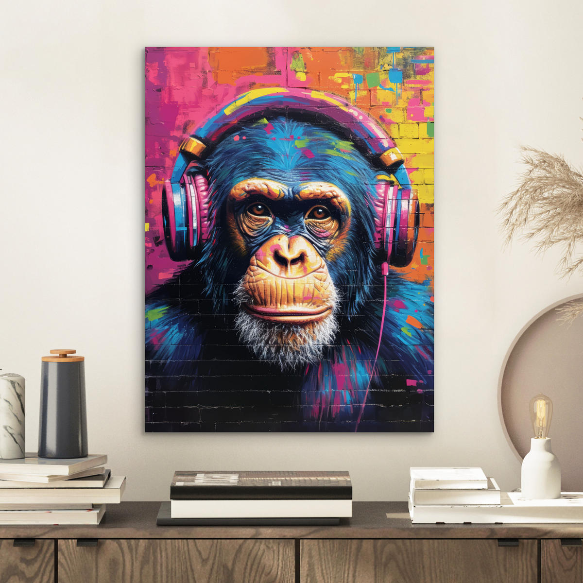 KOVOVÝ OBRAZ Graffiti - Šimpanz - Street art - Slúchadlá - Opica 30x40 cm - modrá, kov (30/40cm) - MuchoWow