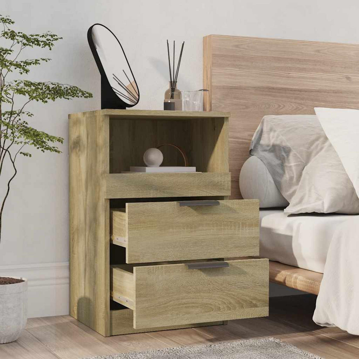NACHTTISCH 2-teilig mit 2 Schubladen 40/36/65 cm aus Holzwerkstoff in Sonoma-Eiche Dekor - Beige/Schwarz, Holz/Holzwerkstoff (40/65/36cm) - vidaXL