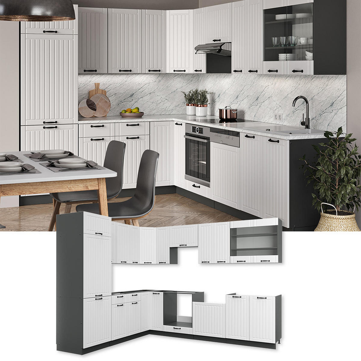ECKKÜCHE Fame-Line Weiß Landhaus/Anthrazit 227 x 287 cm, AP Marmor - Anthrazit/Creme, Holzwerkstoff (287/81.6/60cm) - Vicco