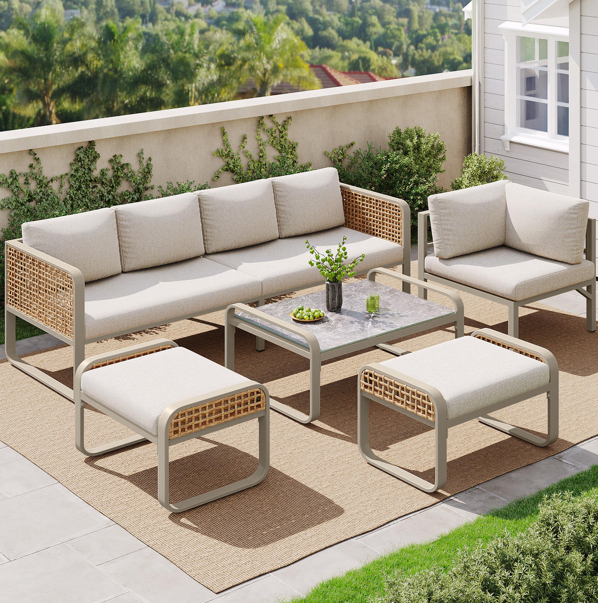 GARTEN-LOUNGE-SET aus Rattan & Metallgestell, inkl. Kissen, 120/61/69 cm, Beige - Beige, Metall - Redom