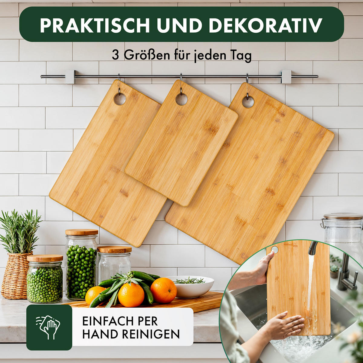 SCHNEIDEBRETT aus 100% Bambus 3er Set (XS, S, M) - Eichefarben, Holz (15/22cm) - Blumtal