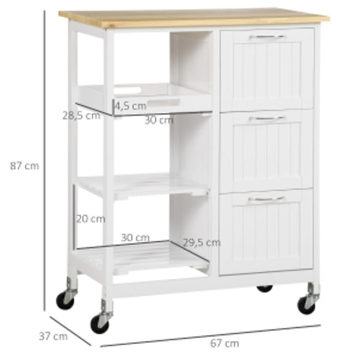 KÜCHENINSEL Weiß, SERVIERWAGEN MIT 3 SCHUBLADEN, Aus MDF, 67/37/84 cm - Weiß, Holzwerkstoff (37/84/67cm) - Rolipo