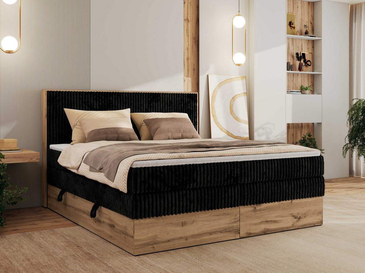 BOXBETT WOOD CLASSIC KING 200/200 - Schwarz Cord - H3 - Schwarz, Textil (200/200cm) - MKS