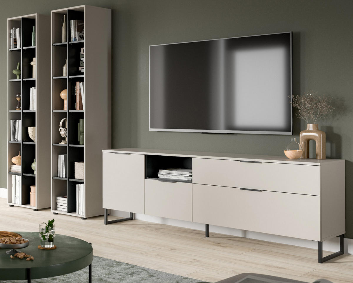 WOHNWAND kaschmir, schwarz 305 cm, Wohnzimmerschränke mit Soft-Close - Kaschmir/Schwarz, Holzwerkstoff/Kunststoff (305/192/41cm) - Inn.Furn