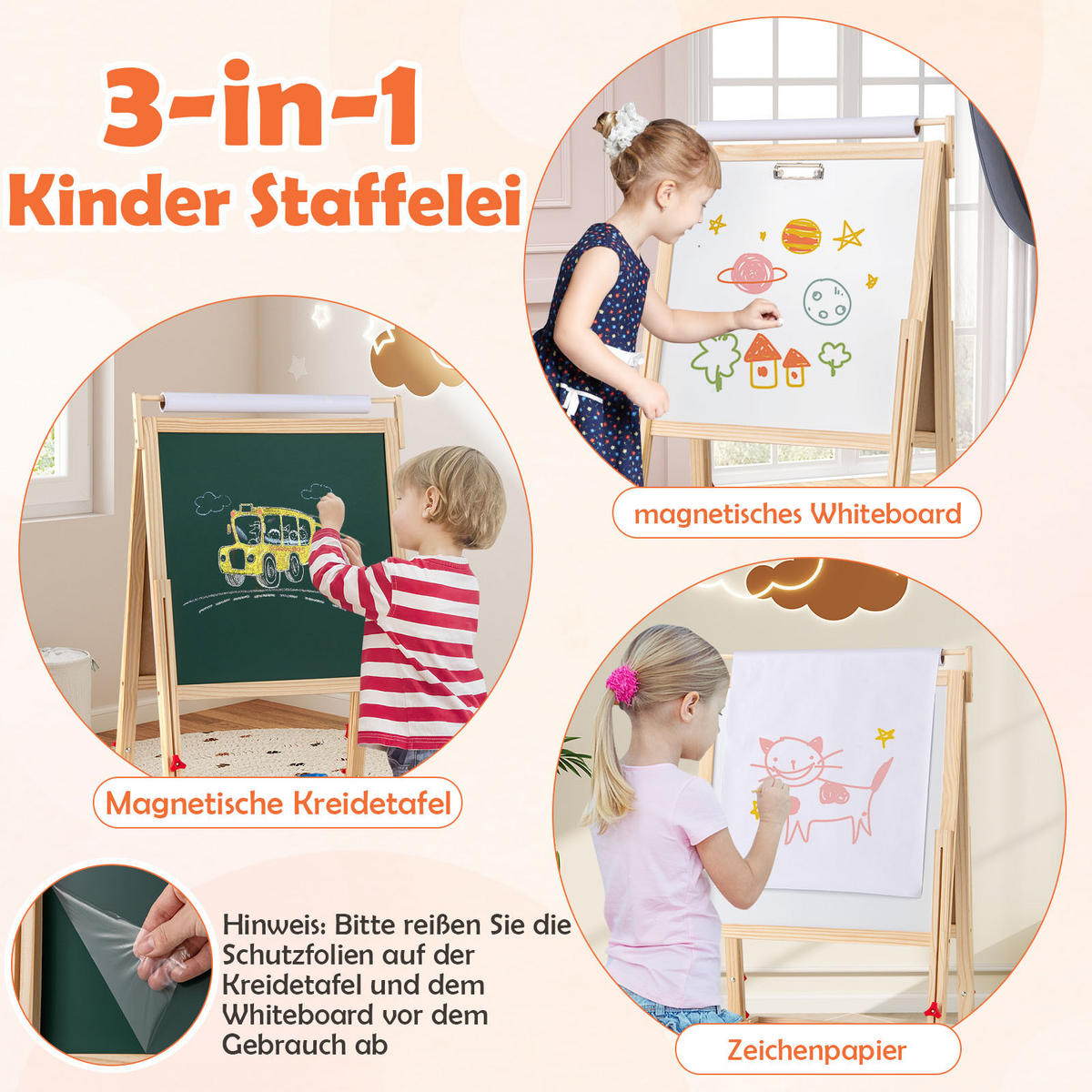 KINDERSTAFFELEI Natur - Naturfarben, Holzwerkstoff (55/115/43cm) - COSTWAY