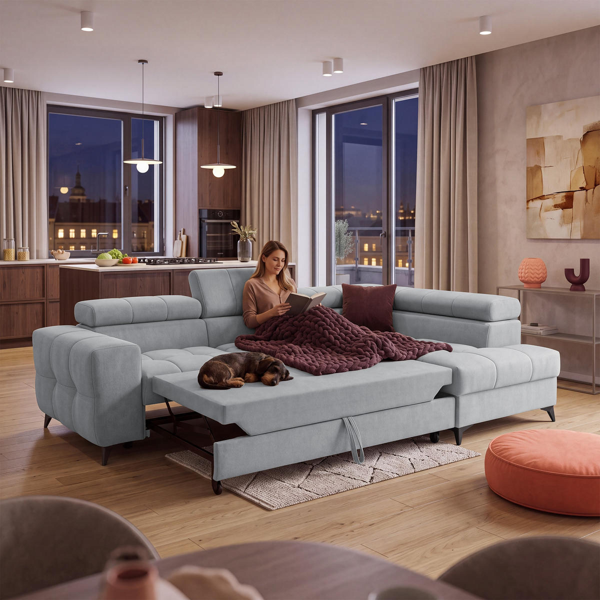 ECKSOFA PUDDING S Rechts mit Schlaffunktion 125x195 Velours Hellgrau - Hellgrau/Schwarz, Holz/Textil (275/177cm) - Muffo