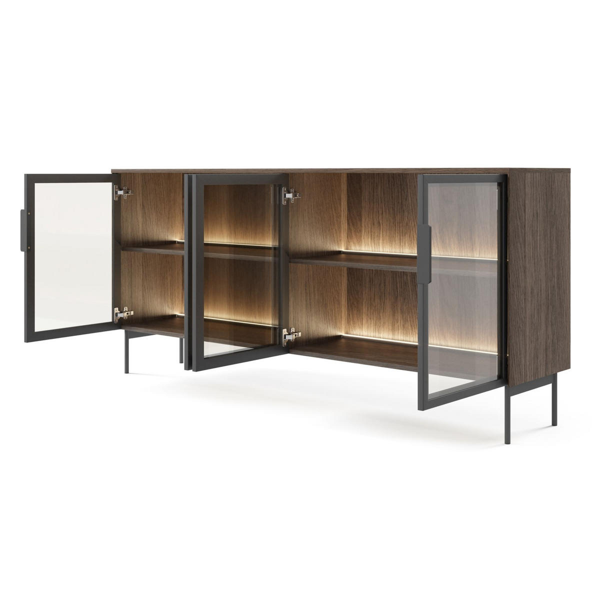 SIDEBOARD Lumi 4-türig mit Glasfronten Eiche Dunin 181 cm - Dunkelbraun/Schwarz, Holzwerkstoff/Metall (181.3/82.6/39.3cm) - Selsey