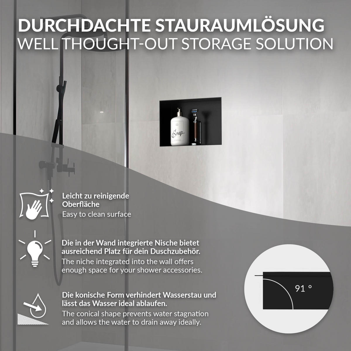 DUSCHNISCHE Schwarz 20/30 cm randlos - Schwarz, Metall (30/20/10cm) - LuxeBath