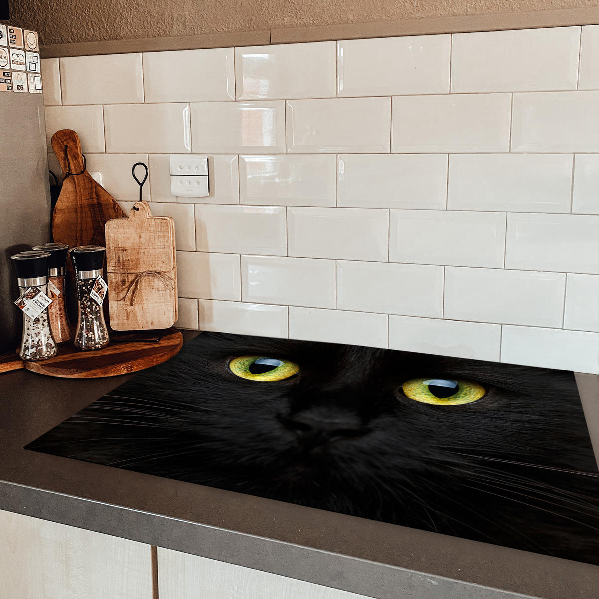 HERDABDECKPLATTE Katze - Augen - Gelb - Schwarz Ceranfeldabdeckung 80x52 cm - Schwarz, Kunststoff (80/52/0.2cm) - MuchoWow