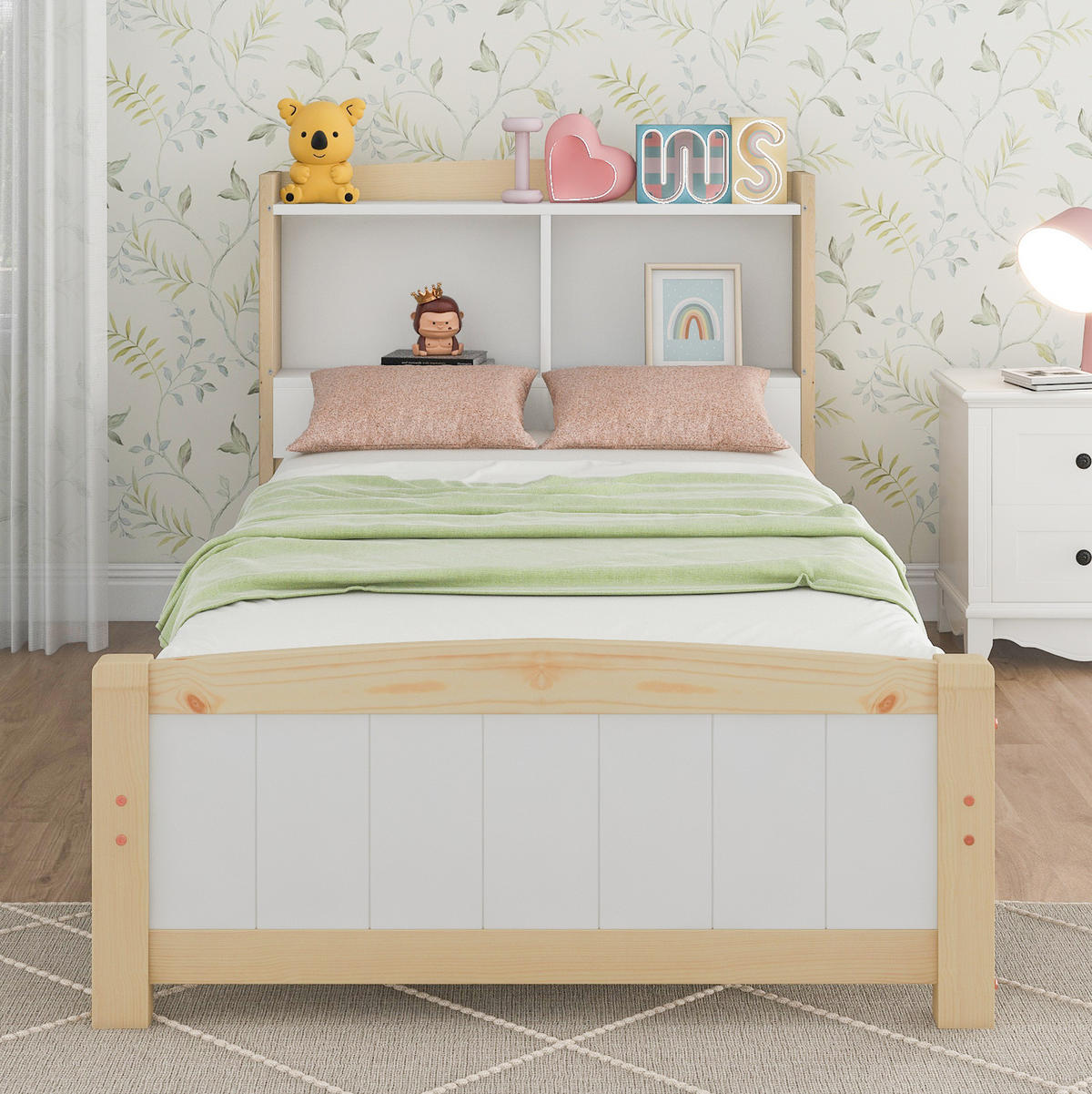 EINZELBETT aus Massivholz und MDF 90x200 cm Weiß mit Stauraum-Kopfteil und Lattenrost - Weiß, Holz (90/200cm) - IVMEU