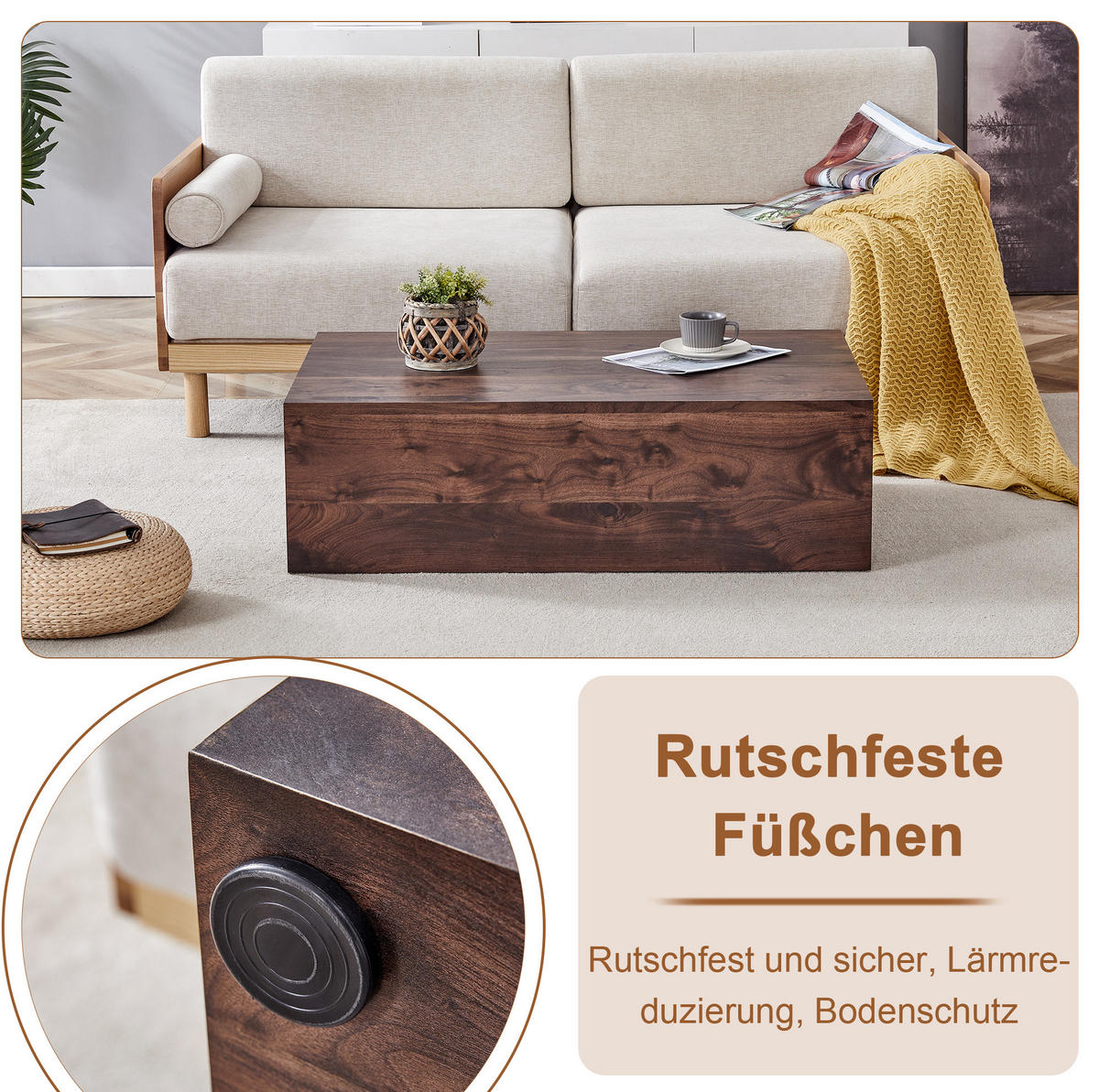 COUCHTISCH aus MDF 90x50x30 cm in Walnuss mit rutschfesten Füßen - Walnussfarben, Holzwerkstoff (90/50/30cm) - Modfu