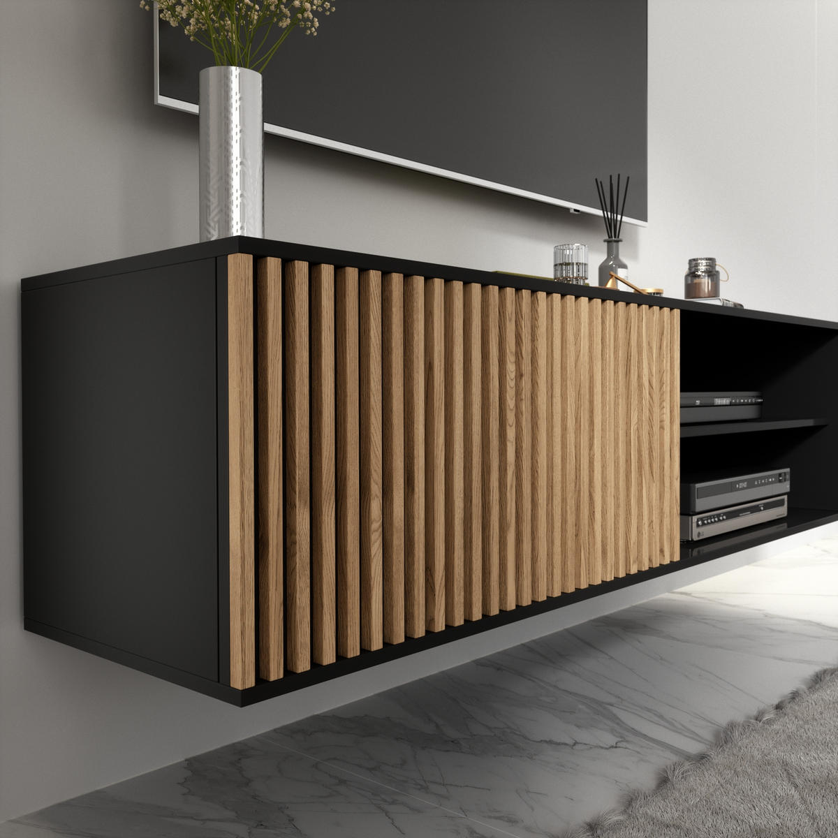 TV-ELEMENT - Wandmontierter RTV-Schrank Meteor (Artisan + Schwarz) - Schwarz, Holzwerkstoff/Metall (150/40/40cm) - Möblo