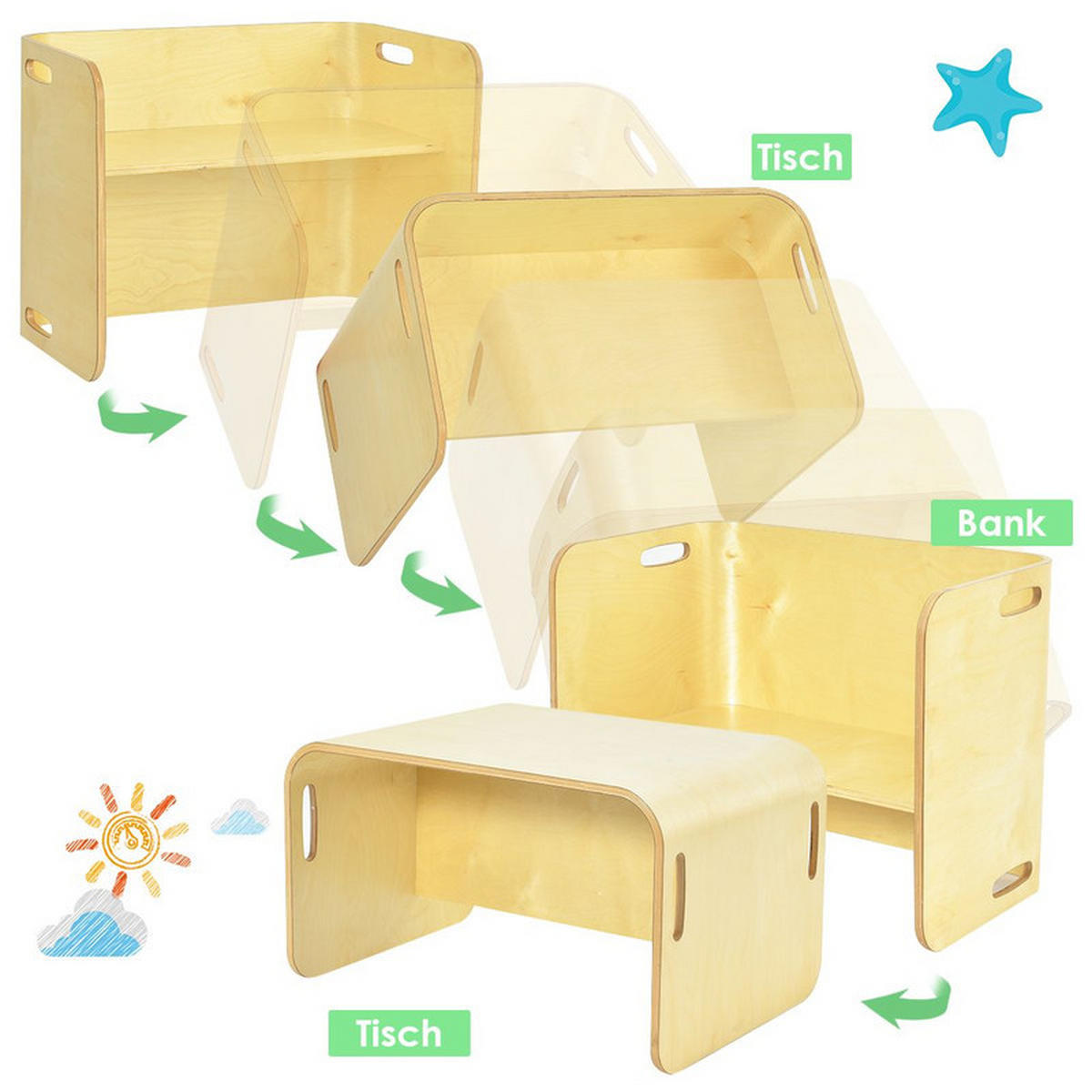 KINDERTISCH‑SET aus Birkenholz natur(3-tlg) - Naturfarben, Holz (66/51/41cm) - COSTWAY