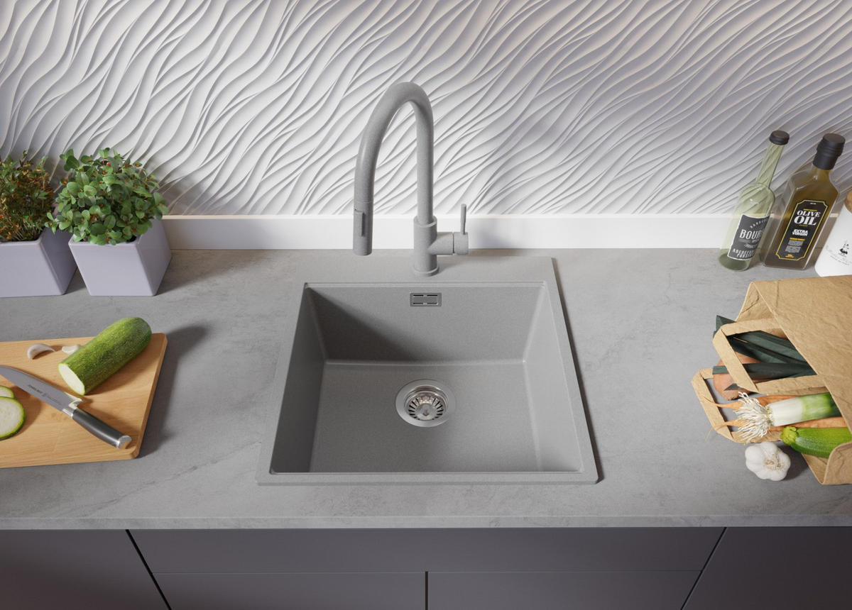 GRANITSPÜLE Oslo, 2-er set Grau 48/50 cm 1 Becken + Küchenarmatur 40/20 cm + Ablauf-Set + Schneidebrett ab 50er Unterschrank - Beige/Grau, Kunststoff (48/20/50cm) - Primagran