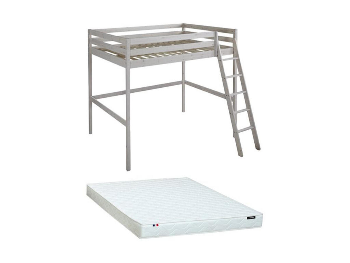 HOCHBETT + Matratze - 140 x 190 cm - Kiefer massiv - Geweißt - GEDEON II - Weiß, Holz (203.5/198cm) - Vente-Unique