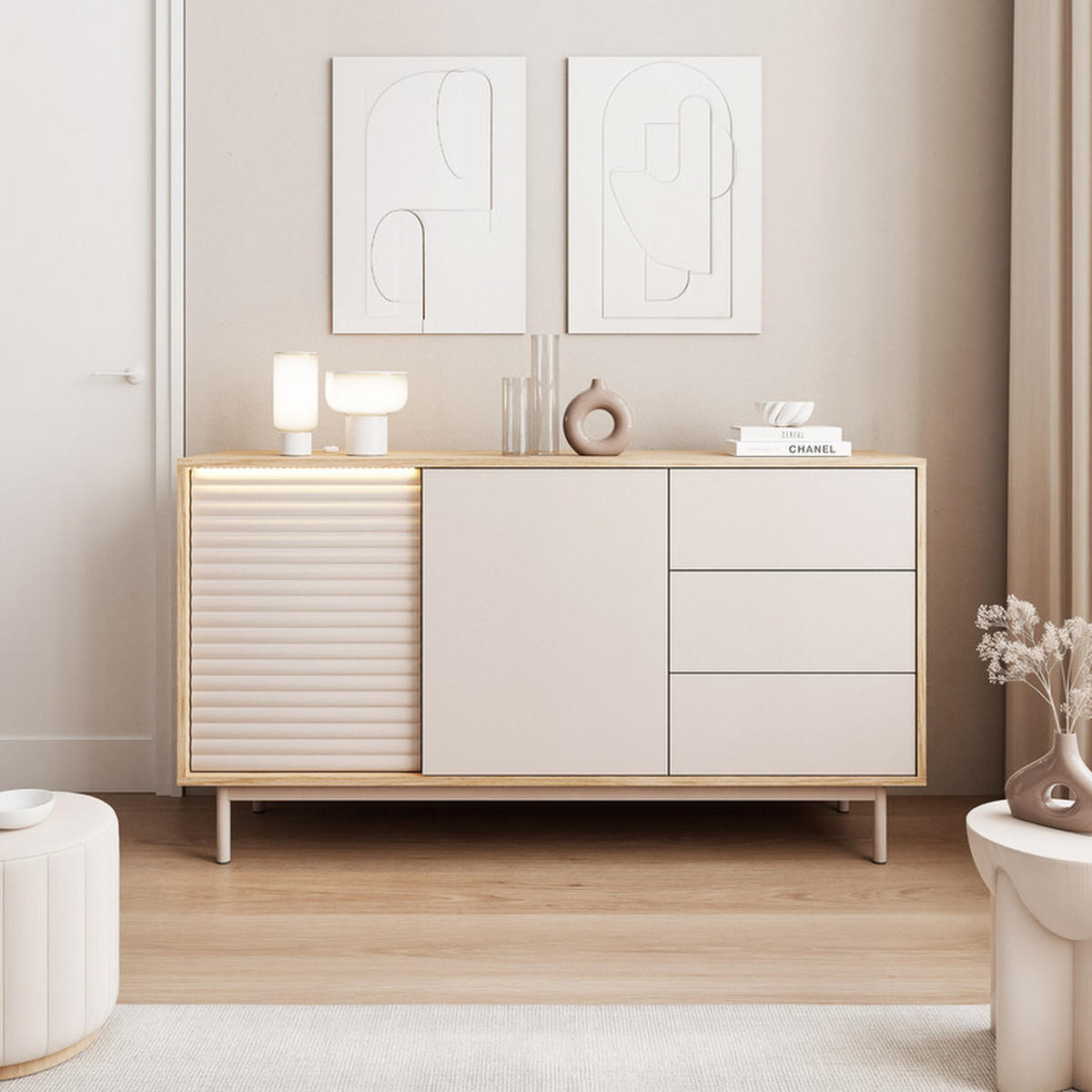 KOMMODE LUSSO 140 cm, 4 Schublade(n) Eiche / Kaschmir - Eichefarben, Holzwerkstoff (140/77/40cm) - Idohome