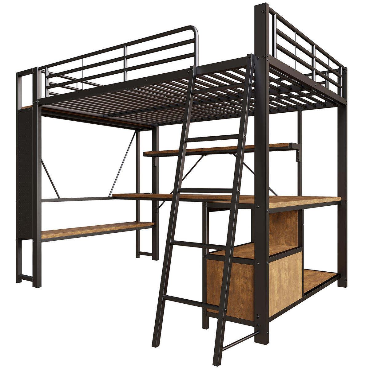 HOCHBETT 140/200 cm schwarz aus Metall und MDF mit LED und Schreibtisch - Schwarz, Metall (140/200cm) - OKWISH