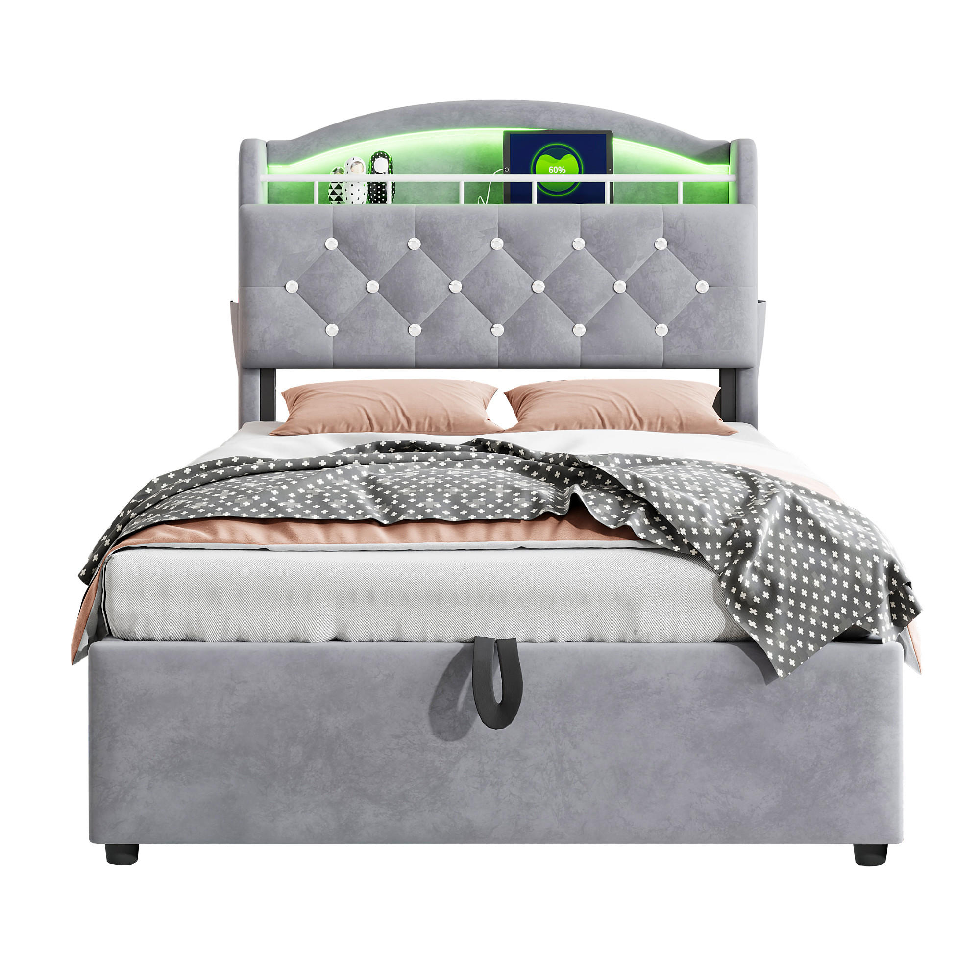 POLSTERBETT 90/200 cm grau mit Stauraum und LED-Beleuchtung - Grau, Textil (90/200cm) - OKWISH