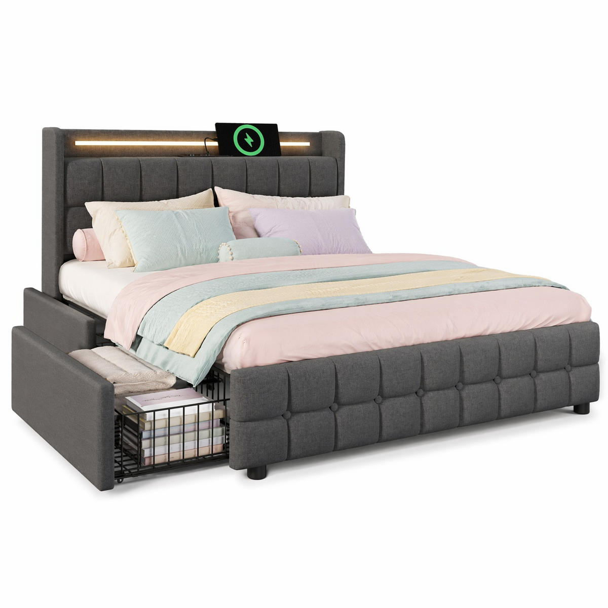 POLSTERBETT 160/200 cm in Grau mit Bettkasten, LED und USB - Grau, Holzwerkstoff/Textil (160/200cm) - CHICFURN