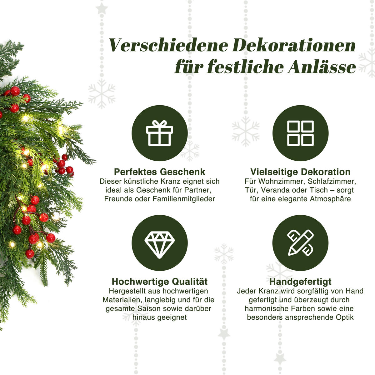 WEIHNACHTSKRANZ mit 25 LEDs & Timer - Smaragdgrün, Naturmaterialien (40cm) - Hometopia