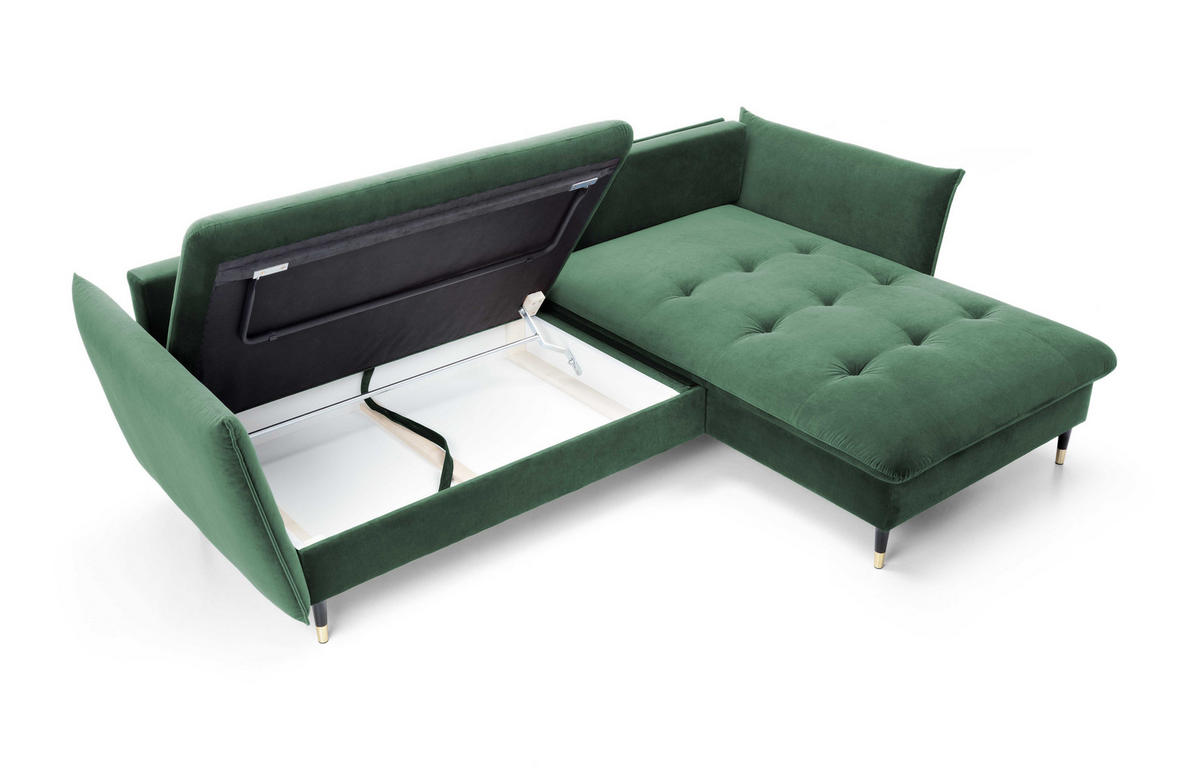 ECKSOFA GLAM mit Schlaffunktion, Ottomane & goldenen Füßen – Samtsofa im Glamour-Stil mit Zierkissen, 258x167x91 cm, rechte, grün​ - Grün, Holz/Textil (258/167cm) - DomoHome