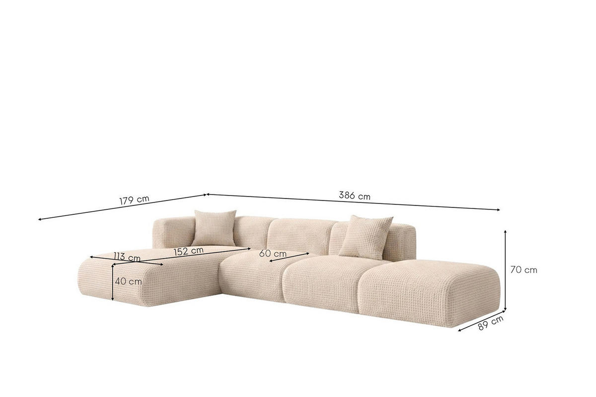 ECKSOFA L-Form mit Hocker, Chenille-Stoff Cremona, Creme, Links, GRETA - Creme, Holz (386/179cm) - Kaiser Möbel