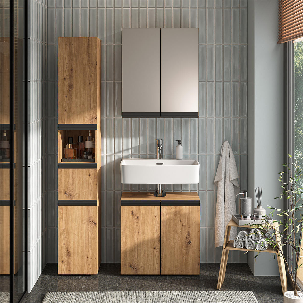 BADMÖBEL-SET Torren Artisan 3 Teile, mit Hochschrank - Hellgrau, Holzwerkstoff (60/58/35cm) - Vicco