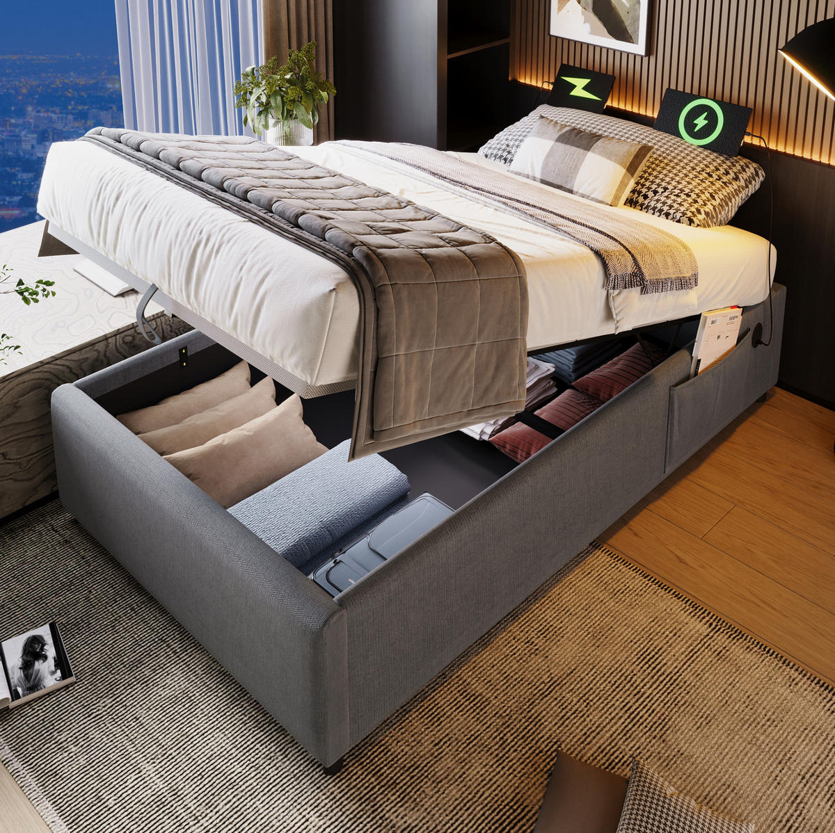 POLSTERBETT 90/190 cm mit Bettkasten, USB-C und Stauraum, ohne Kopfteil - Grau, Textil (90/190cm) - BEAOK